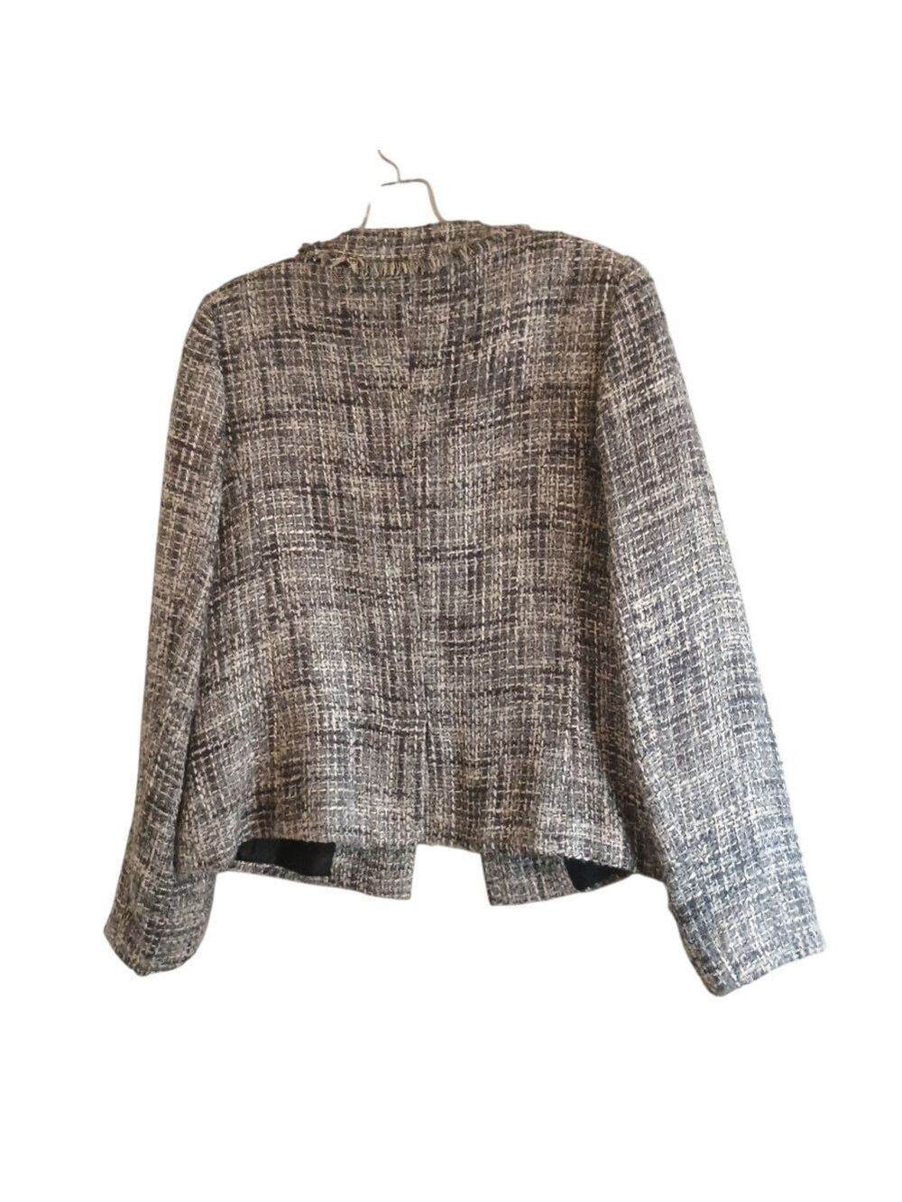 Studio by Liz Claiborne Tweed Fringe Open Front Jacket Blazer Size 6 Gray White - Picture 2 of 7
